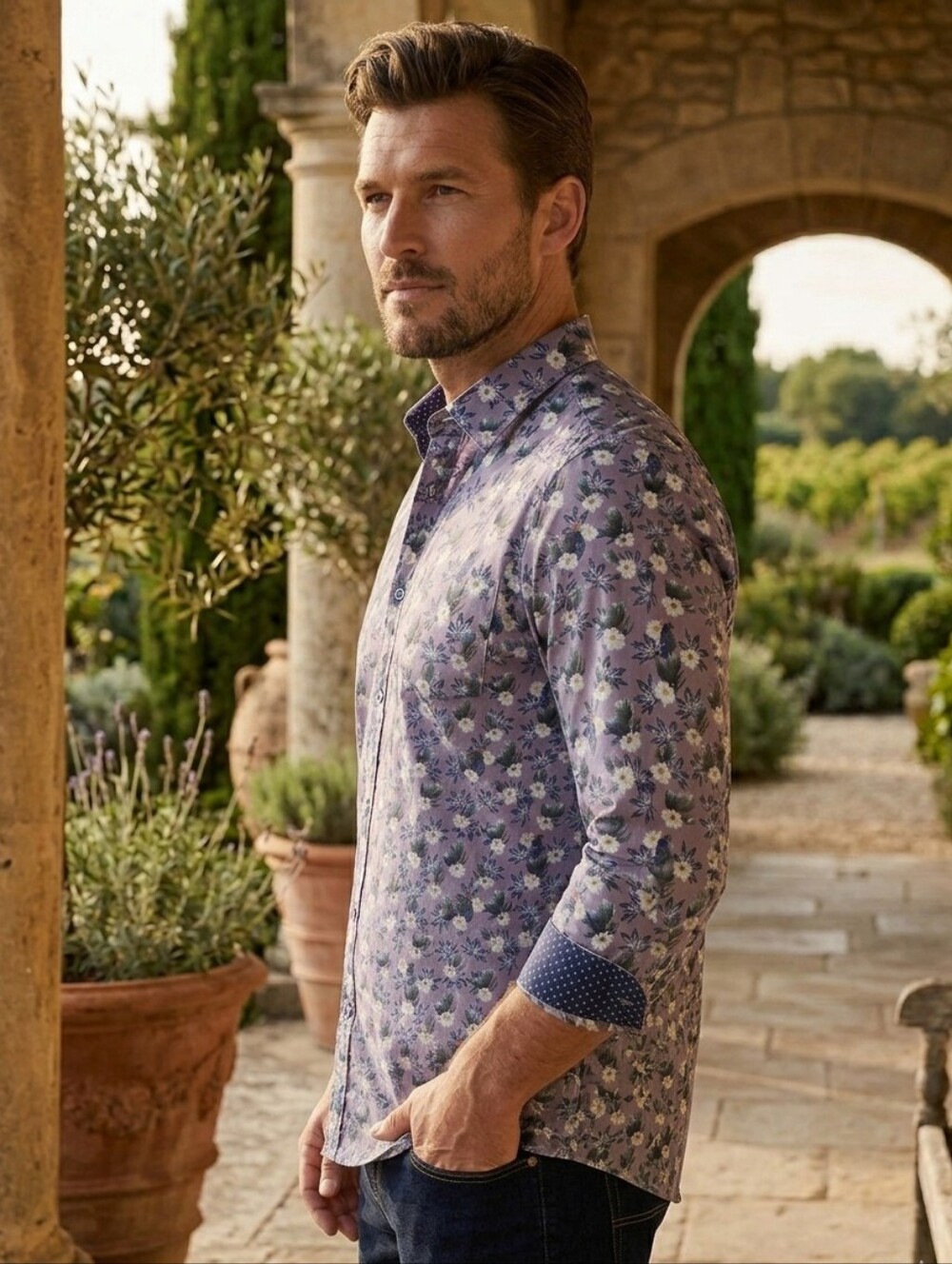 Ted Baker London Floral Parrot Print Button-Up Shirt Purple Multi Size 4 Large